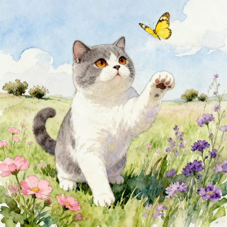 Cute cat in the meadow with flowers. Watercolor illustration.の素材