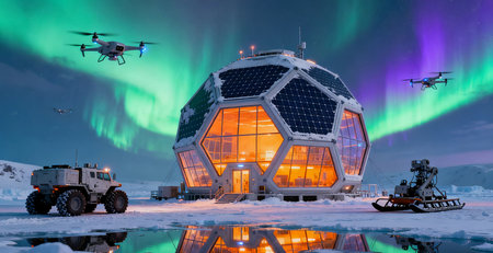 The space station Kamchatka on the background of the northern lights.の素材