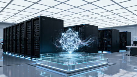 3D rendering of server room with polygonal network hologramの素材