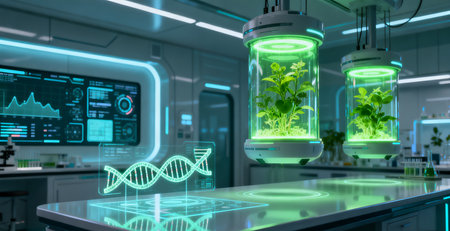 Scientific biochemistry laboratory with dna and plants 3D renderingの素材