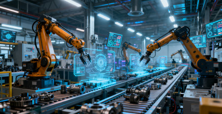 Smart industry robot arms for digital factory production technology showing automation manufacturing process of the Industry 4.0の素材