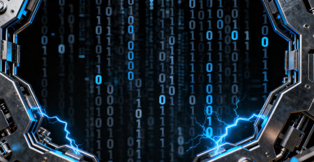 Blue glowing digital binary code on computer hard disk drive. 3D Renderingの素材