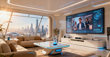 Modern interior of a living room in a luxury house with a panoramic view of the skyscrapers.の素材