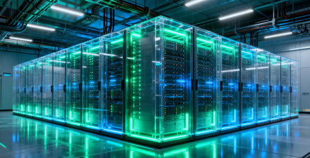 Server room data center. Backup, mining, hosting, mainframe and computer rack with storage information. 3d renderの素材