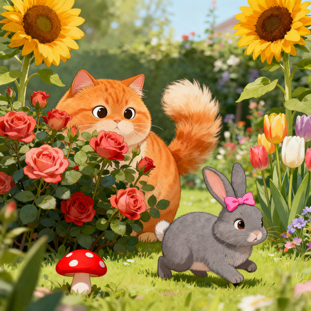 Cat and rabbit in the garden with flowers. Illustration for your designの素材