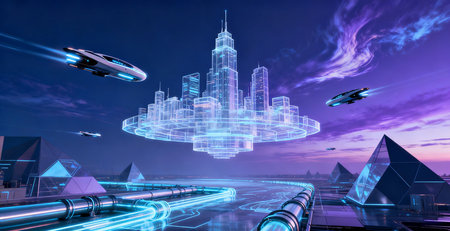 Futuristic city and flying saucers at night 3D renderingの素材