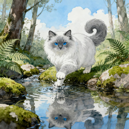 Watercolor portrait of a white cat with blue eyes in the forestの素材