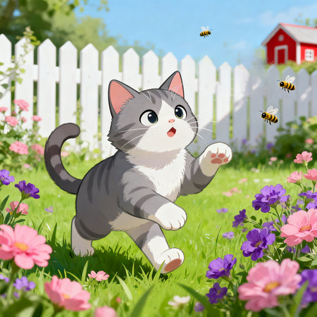 Cute cat running in the garden with bees and flowers - illustration for childrenの素材