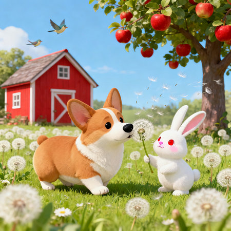 Welsh Corgi Pembroke dog with dandelions and a red house in the backgroundの素材