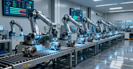 3d rendering robot arm assembly line in factory for industry 4.0 conceptの素材