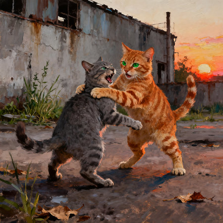 Two cats play together in the courtyard at sunset. Digital painting.の素材