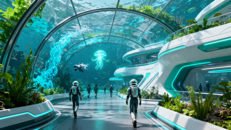 3D rendering of a robot in a futuristic environment with a spaceshipの素材