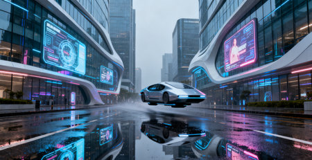 Futuristic car flying over the city. 3D Renderingの素材