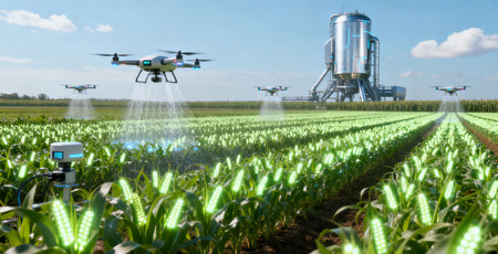 Agriculture drone spraying fertilizer on corn field, agricultural technology conceptの素材