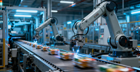 Robotic arm working on assembly line in factory. Smart industry 4.0 conceptの素材