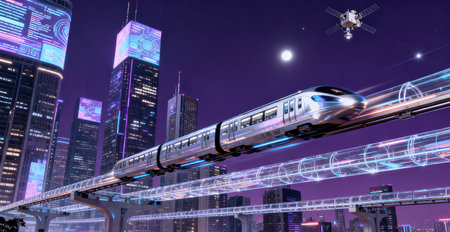 High-speed train travels in the city at night. 3d renderingの素材