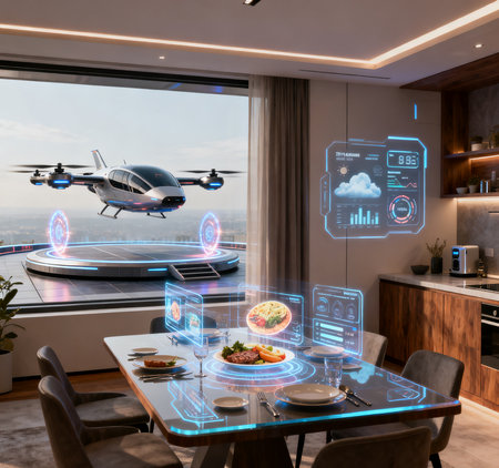 drone flying over modern dining room with city view 3d renderingの素材