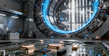 3d rendering of a microcircuit in a modern factory.の素材