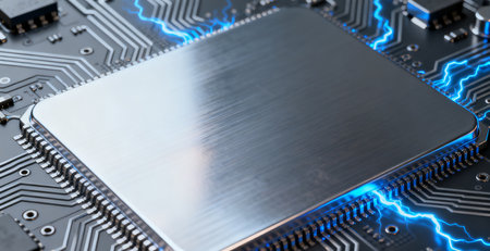 Close-up view of a modern GPU card with circuit and lighting effectの素材