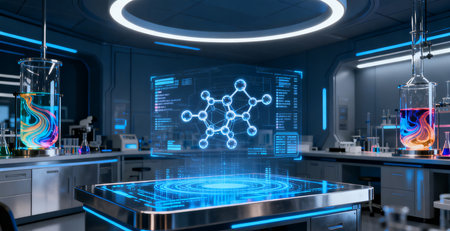 3D rendering of a scientific laboratory with test tubes and science equipmentの素材