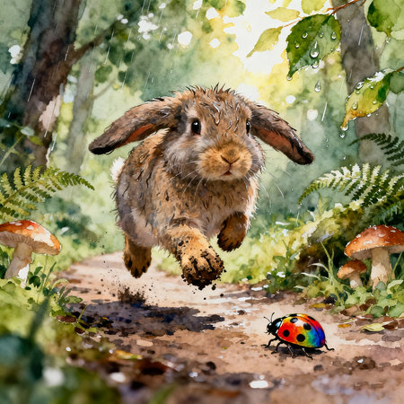 Rabbit running in the rain. Digital watercolor painting. illustration.の素材