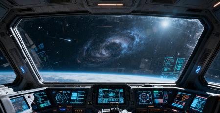 View of the planet Earth from the inside of a spaceship 3D renderingの素材