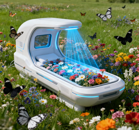 3d rendering of a white coffin in a meadow with flowers and butterfliesの素材