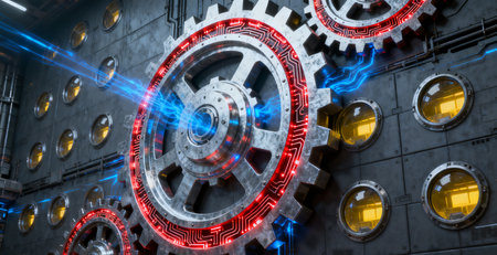 3D rendering of a gear wheel in a factory with neon lightsの素材
