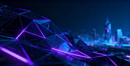 Abstract polygonal night city background. Technology concept. 3D Renderingの素材