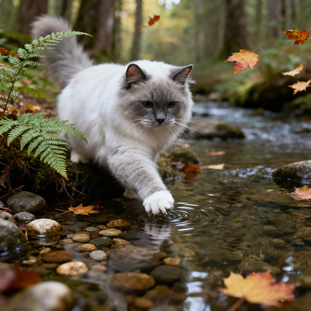 Persian cat playing in a stream in the autumn forest. Selective focus.の素材