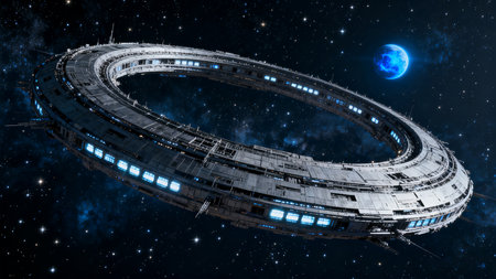 Futuristic spaceship in space. Sci-fi background. 3D renderingの素材