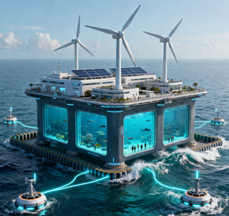 Offshore wind farm with solar panels and wind turbines. 3D renderingの素材