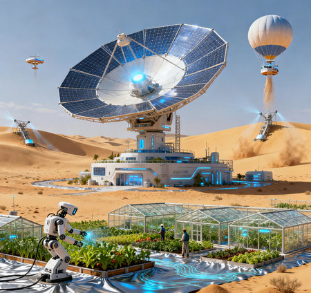 3D rendering of a space station in the desert with solar panelsの素材