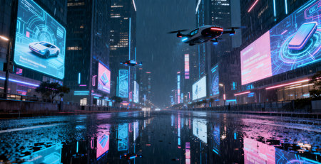 Flying drone over the city at night, 3d rendering digital illustrationの素材