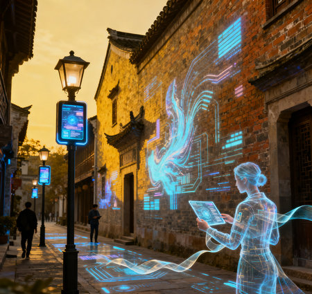 Silhouette of a woman using a tablet computer on a cobblestone street in the old town of Guadalajara, Spain.の素材
