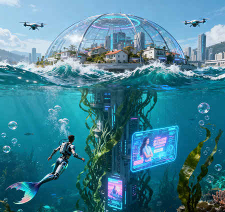 Futuristic artificial intelligence concept. Futuristic robot floating in the water.の素材