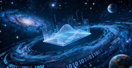 Digital background image with graphs and diagrams against blue background 3D renderingの素材