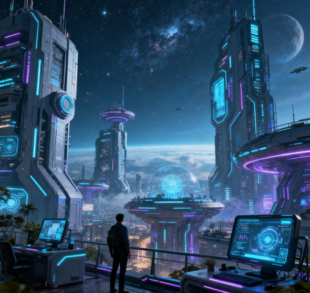 Futuristic city in the night. The concept of future.の素材