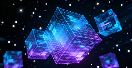 3D rendering of glowing cubes in space. Futuristic background.の素材