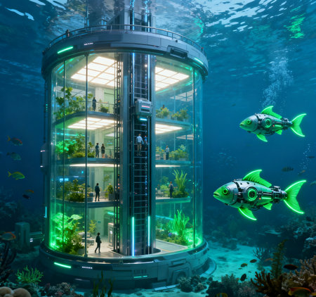Underwater world with fish and aquarium. 3D rendering. Mixed mediaの素材