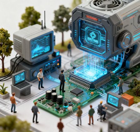 Miniature people on the background of the motherboard. 3d renderingの素材