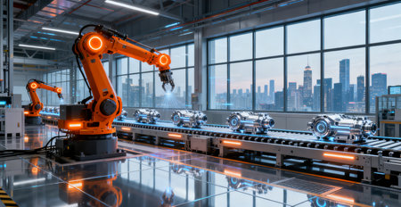 Smart industry robot arms for digital factory production technology showing automation manufacturing process of the Industry 4.0 or 4th industrial revolution and IOT software to control operation.の素材