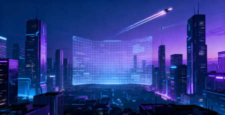 Futuristic city at night with neon lights 3D rendering.の素材