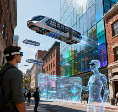 A humanoid robot with a HUD hologram is flying in the air over the city. 3D rendering.の素材
