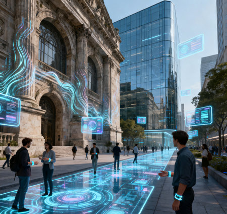 Business people walking on the street in the city. Digital technology concept.の素材