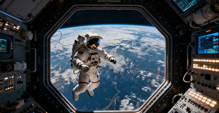 Astronaut in space against the background of the planet Earth.の素材