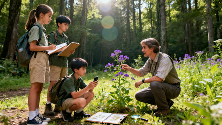 group of kids with backpacks using smartphone while sitting on grass in forestの素材