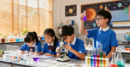 Group of asian elementary school students doing science experiments in laboratory.の素材