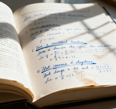 Open book with mathematical formulas on the table. Selective focus.の素材