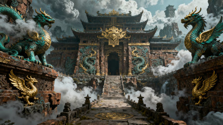 Chinese temple and dragon statue in the fog. 3D rendering.の素材